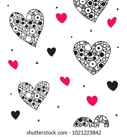 HAND DRAW LOVE SEAMLESS VECTOR PATTERN. HEART SYMBOL GRUNGE ART TEXTURE, VALENTINES DAY CRAZY COLORED BACKGROUND