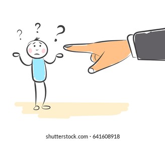 hand draw man kicked and he does not understand. Doodle miniature scenes. Hand drawn vector illustration for web design and infographic.