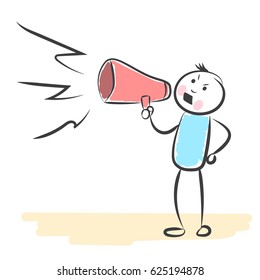 hand draw man with a loud-hailer in hands shouts.Doodle miniature scenes. Hand drawn vector illustration for web design and infographic.