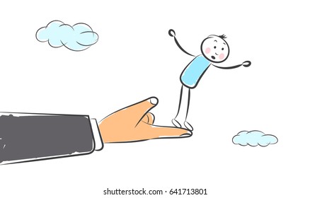hand draw a man stands on the edge and looks down
. Doodle miniature scenes. Hand drawn vector illustration for web design and infographic.   