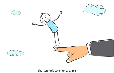 hand draw a man stands on the edge. Doodle miniature scenes. Hand drawn vector illustration for web design and infographic.   