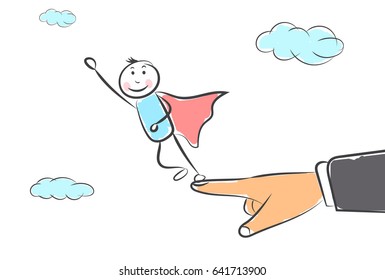 hand draw the man takes off the catchers. Doodle miniature scenes. Hand drawn vector illustration for web design and infographic.   