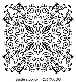 Hand draw of mandala with  with birds ornament.