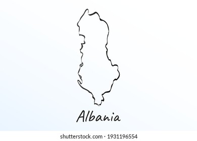 Hand draw map of Albania. Black line drawing sketch. outline doodle on white background. handwriting script name of the country. vector illustration backdrop