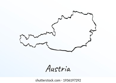 Hand draw map of Austria. Black line drawing sketch. outline doodle on white background. handwriting script name of the country. vector illustration backdrop