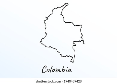 Hand draw map of Colombia. Black line drawing sketch. outline doodle on white background. handwriting script name of the country. vector illustration backdrop
