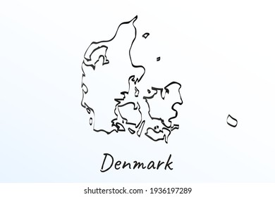 Hand draw map of Denmark. Black line drawing sketch. outline doodle on white background. handwriting script name of the country. vector illustration backdrop