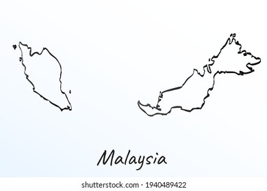 Handzeichenkarte von Malaysia. Skizze mit schwarzer Linie. Rahmendoodle auf weißem Hintergrund. Name des Landes für Handschrift. Vektorgrafik-Hintergrund