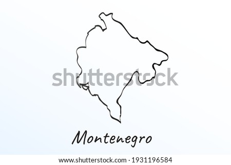 Hand draw map of Montenegro. Black line drawing sketch. outline doodle on white background. handwriting script name of the country. vector illustration backdrop