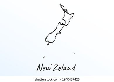 Hand draw map of New Zealand. Black line drawing sketch. outline doodle on white background. handwriting script name of the country. vector illustration backdrop