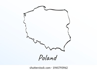 Hand draw map of Poland. Black line drawing sketch. outline doodle on white background. handwriting script name of the country. vector illustration backdrop