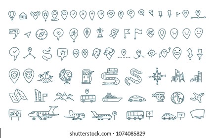 Hand draw map set elements. Transport tracking. Travel geography road icons sketch set outline line drawing. Collection set vector stock clipart illustration.
