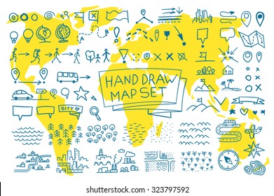 Hand draw map set elements. Vector picture outline