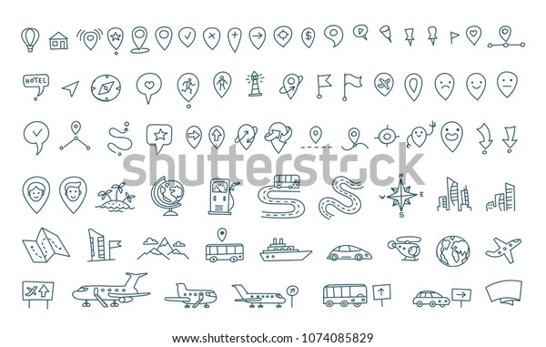 Hand draw map set elements.\
Transport tracking. Travel geography road icons sketch set outline\
line drawing. Collection set vector stock clipart\
illustration.
