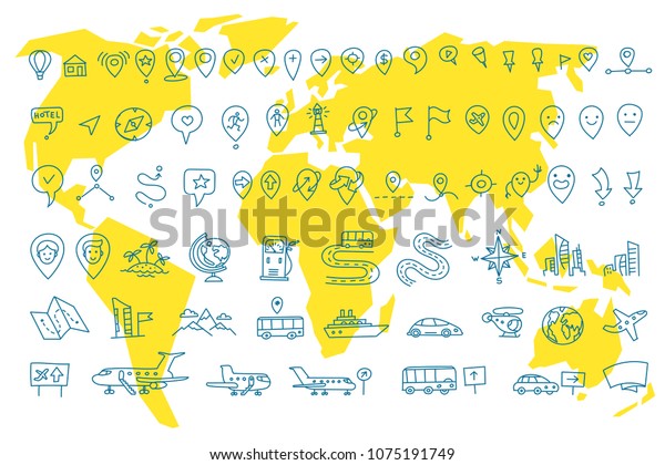 Hand draw map set elements. Transport tracking.\
Travel geography road icons sketch set outline line drawing.\
Collection set vector