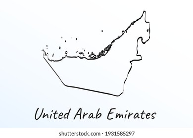 Handzeichenkarte der Vereinigten Arabischen Emirate. Skizze mit schwarzer Linie. Rahmendoodle auf weißem Hintergrund. Name des Landes für Handschrift. Vektorgrafik-Hintergrund