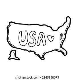 Hand draw map of United States. Black line drawing sketch. outline doodle on white background. handwriting script name of the country. vector illustration backdrop