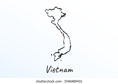 Handzeichenkarte von Vietnam. Skizze mit schwarzer Linie. Rahmendoodle auf weißem Hintergrund. Name des Landes für Handschrift. Vektorgrafik-Hintergrund