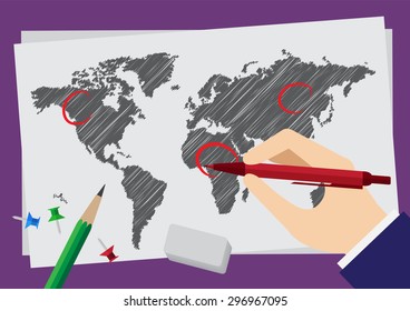 hand draw maps with stationary supplies for business education or design template poster - vector illustration