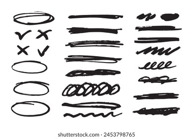 Trazos de lápiz de marcador de dibujo a mano. Juego de pinceles. Garabatear líneas y pinceladas. No. Ilustración vectorial