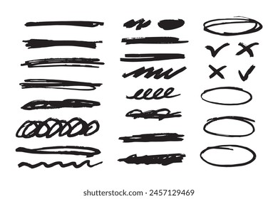 Trazos de lápiz de marcador de dibujo a mano. Juego de pinceles. Garabatear líneas y pinceladas. No. Ilustración vectorial