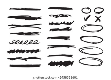 Trazos de lápiz de marcador de dibujo a mano. Juego de pinceles. Garabatear líneas y pinceladas. No. Ilustración vectorial