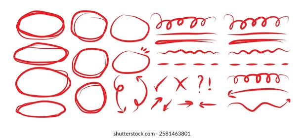 hand draw marker pen strokes brush set. Marker lines isolated on transparent background. Hand drawn highlight, arrows, text underline strokes and emphasis marks. Brush elements for notes and underlini