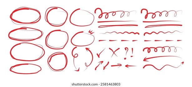 hand draw marker pen strokes brush set. Marker lines isolated on transparent background. Hand drawn highlight, arrows, text underline strokes and emphasis marks. Brush elements for notes and underlini