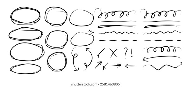 hand draw marker pen strokes brush set. Marker lines isolated on transparent background. Hand drawn highlight, arrows, text underline strokes and emphasis marks. Brush elements for notes and underlini