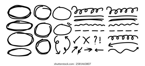 hand draw marker pen strokes brush set. Marker lines isolated on transparent background. Hand drawn highlight, arrows, text underline strokes and emphasis marks. Brush elements for notes and underlini