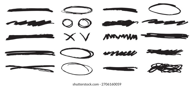 Dibujar a mano Marcador Pluma Trazos Conjunto de pincel Líneas de garabato Trazos de pincel Ilustración vectorial