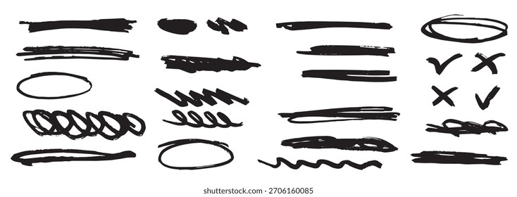 marca de desenho à mão caneta traços pincel conjunto linhas de rabisco pincel traçados vetor ilustração