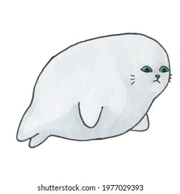 Hand draw markers cartoon cute seal. Kawaii illustration. Sad seal