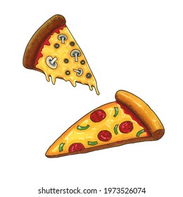 Hand draw markers pizza. Digital illustration. Italian food. Yummy food. 