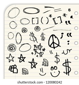 Hand draw marks and symbols isolated on a lined notebook page