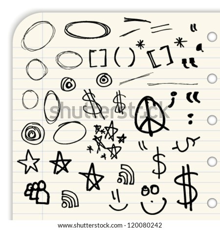 Hand draw marks and symbols isolated on a lined notebook page