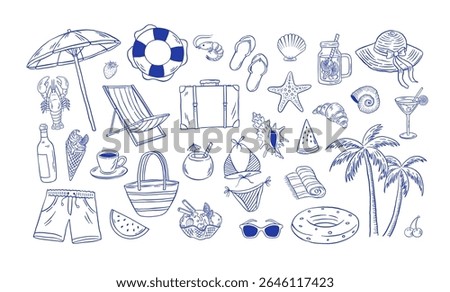 Hand draw mediterranean summer beach illustrations. Vintage Italian vacation clipart. La dolche vita vector set
