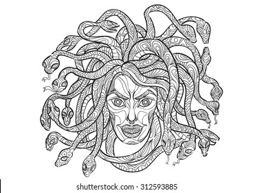 hand draw of medusa head in zentangle style