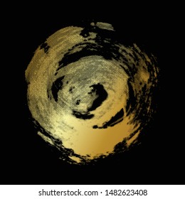 Hand draw Metallic gold circle shape. Label, logo design element, golden frame. Brush abstract wave. Vector illustration