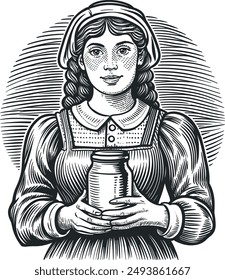 Hand draw milkmaid holds a can of milk