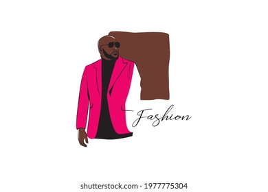 Hand draw model portrait of african black man with brown and pink sample color. Abstract  fashion collection of different people with diversity concept. Vector illustration.