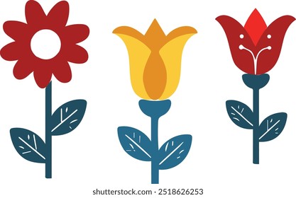 Hand draw Modern folk boho single isolated flowers pattern in Scandinavian style. Floral Slovak plant cutout collage decor elements. Swedish folklore drawing, Nordic wildflower concept