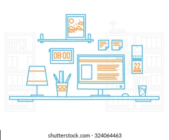 Hand draw modern office interior designer workplace with desktop minimalistic style