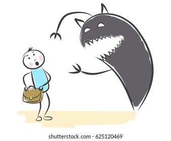hand draw the monster a shadow wants to take away a portfolio from the person. Doodle miniature scenes. Hand drawn vector illustration for web design and infographic.