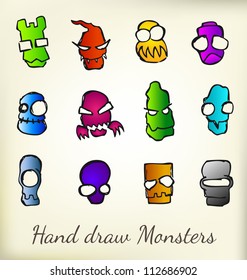 hand draw monsters set on vintage paper