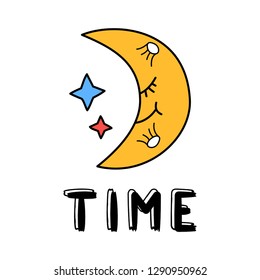 Hand draw moon icon in doodle style for your design with lettering.