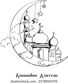 Hand draw moon sketch ramadan kareem card design