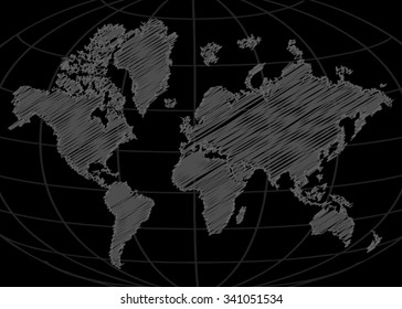 Hand draw mosaic world map painted with stroke. Abstract polygonal geometric design map. Vector illustration. Gradients free.