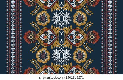 Dibujo a mano Motivos Ikat bordado floral paisley. patrón oriental étnico geométrico tradicional. fondo azul. ideal para el fondo, cortina, alfombra, Fondo de pantalla, prendas de vestir, envoltura, batik.