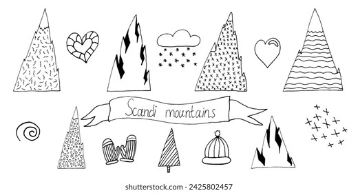 Hand draw mountains, hearts, tree, cloud, hat in doodle style. Black line illustration isolated on white background. Scandinavian style vector draw element for design. Minimalistic kids clip art.
